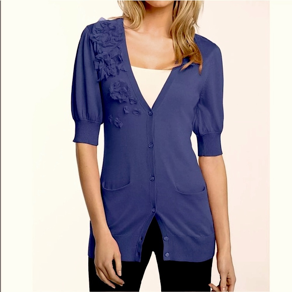 Trina Turk | Bellflower Short Sleeve Cardigan with Silk Flower Detail | Navy | M